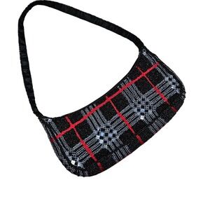 Moyna Beaded Evening Baguette Bag Party Purse Red Plaid Zip Special Occasion